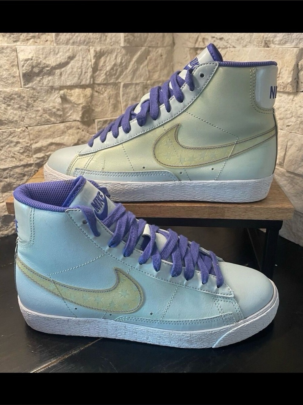 Nike Blazer Mid Iridescent Sky Blue Pale Violet with Yellow Swoosh